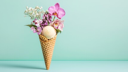 Creative fusion of ice cream and flowers, featuring orchids, violets, and baby's breath, placed in a golden waffle cone, pastel mint background.