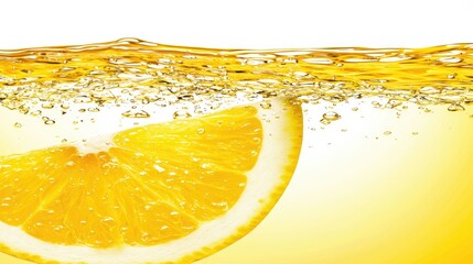 Slice of orange fruit submerged in sparkling yellow juice for fresh drink or advertising use