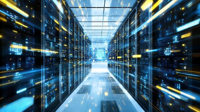 Data center server room with glowing lights.