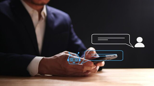 AI Chatbot, Artificial Intelligence, digital chatbot, robot, application, conversation assistant concept. Businessman using mobile smartphone with AI chatbot assistant for customer service support, 4K