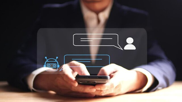 AI Chatbot, Artificial Intelligence, digital chatbot, robot, application, conversation assistant concept. Businessman using mobile smartphone with AI chatbot assistant for customer service support, 4K