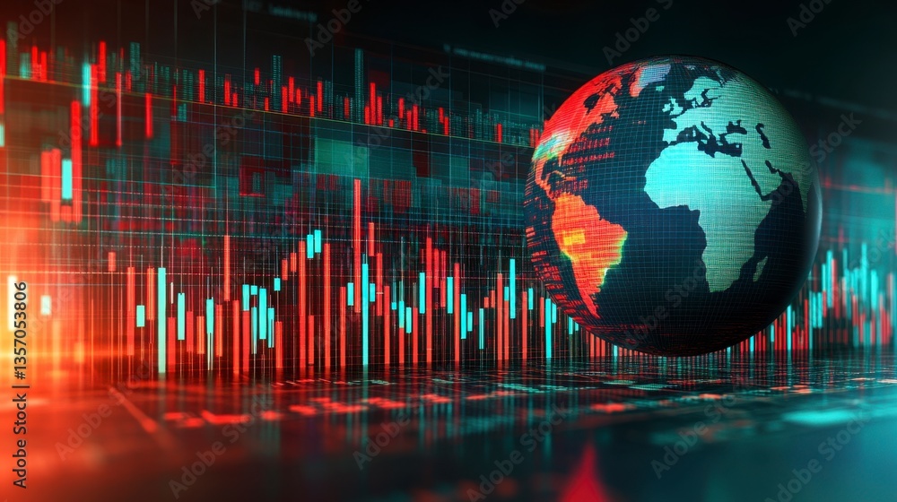 Poster a 3d rendering of a digital globe with red and blue data streams, illustrating global financial mark