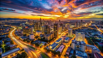Aerial View of Colorful Light Trails at Night, Cityscape Panorama