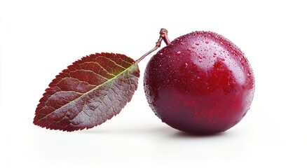 Fresh, ripe plum with leaf.  Close-up of a single, vibrant red plum, glistening with water droplets, and a dark reddish-purple leaf attached.  Perfect for a healthy snack or culinary use
