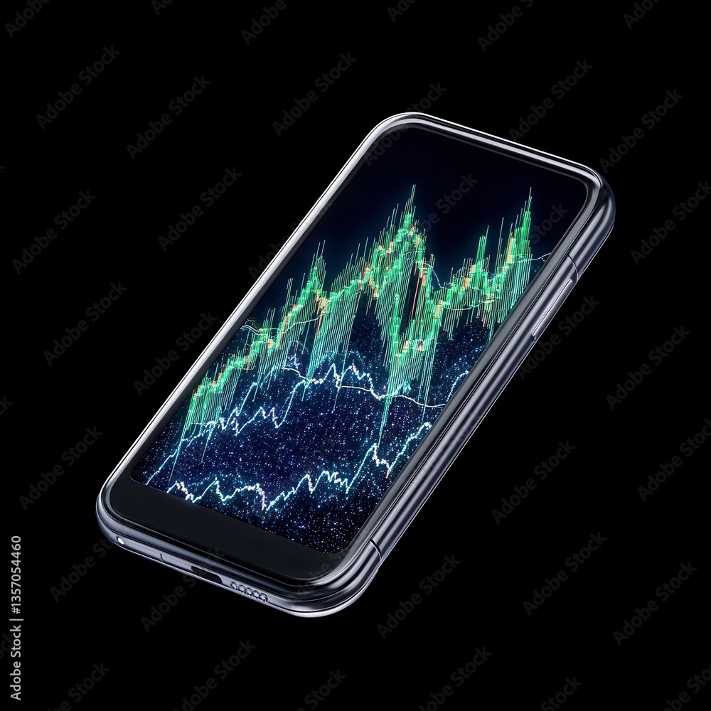 Poster a smartphone displays a dynamic, multicolored data graph with peaks and valleys, set against a black