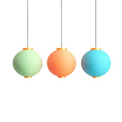 Isolated on transparent background, png Colorful hanging paper lanterns in various shades.