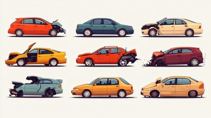 Fototapeta premium Collection of cartoon illustrations showing various types of car accident damage.
