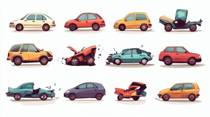 Naklejka premium Cartoon illustration of various wrecked cars in different states of damage, showcasing the impact of accidents.
