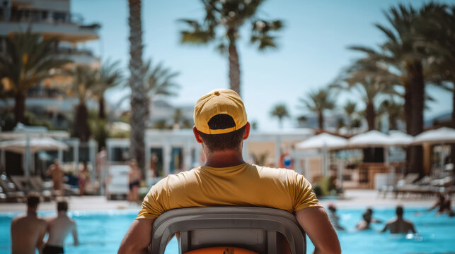 Hotel lifeguard sits by a tropical pool, keeping an eye on the safety of hotel guests
