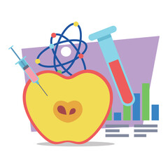 Illustration of blend of science and healthy eating. Apple with syringe, test tubes, and graph. Research in nutrition and health concept