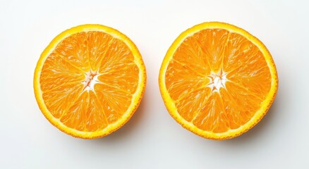 Two fresh orange slices.  Close-up of vibrant orange halves, displaying the segmented interior
