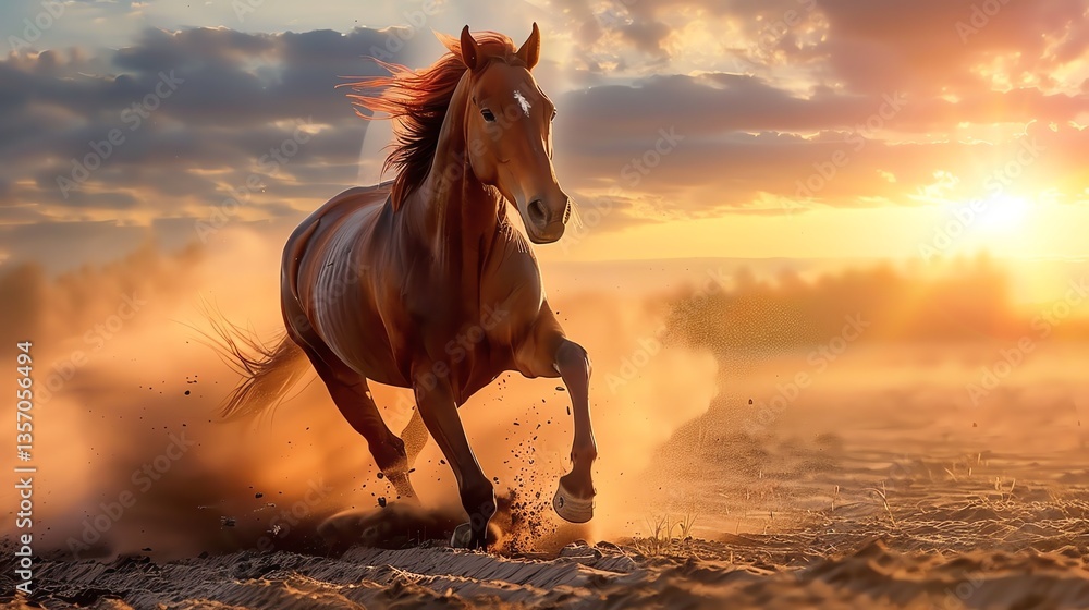 Poster a wild horse runs free in the open field. its mane and tail are flowing in the wind.