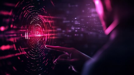 Obraz premium A futuristic representation of a person interacting with digital data, showcasing vibrant pink patterns and a sense of technology and innovation.