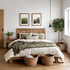 Cozy Scandinavian Bedroom Interior with Wooden Bed and Natural Decor