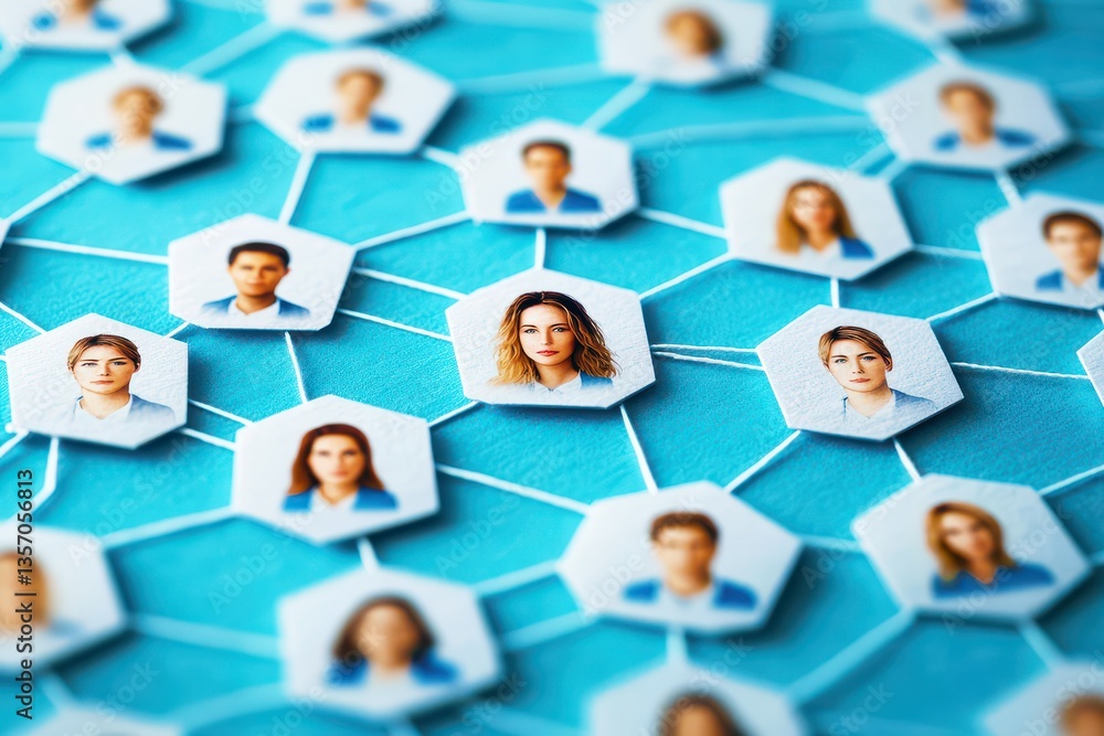 Aufkleber connection network illustrating diverse faces in hexagonal arrangement on blue background for social