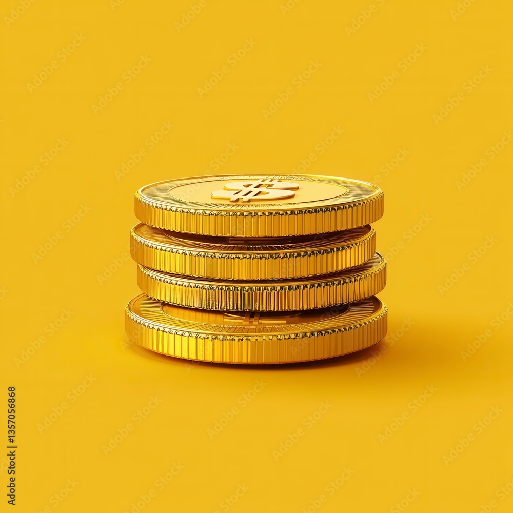 Poster stack of four gold coins on a yellow background. digital rendering with detailed texture and subtle 
