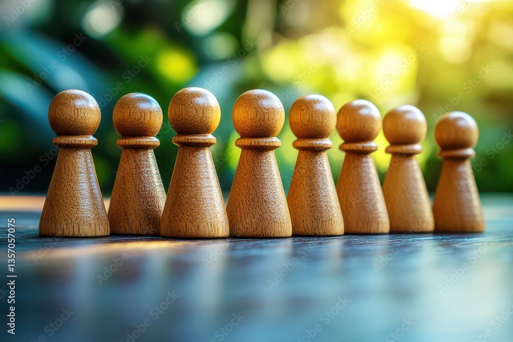 Poster wooden game pieces aligned on a table with natural background offering a sense of strategy and thoug