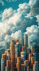 Fototapeta premium Surreal Cityscape of Towering Coins and Clouds Representing Financial Growth and Management