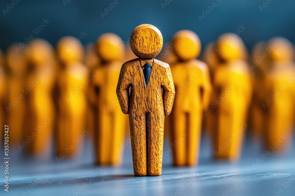 Poster wooden figures representing business people with unique stances and expressions in a professional se