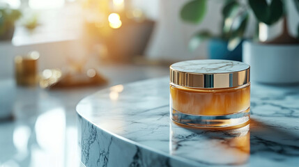 luxurious glass cosmetic jar, placed on a marble surface with soft natural sunlight and shadow play, representing high-end skincare packaging design. Banner with copy space.