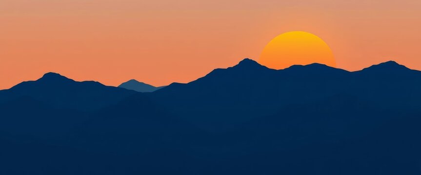 Abstract blue mountain range silhouette at sunset, minimalist flat vector illustration for travel poster, serene, minimal - Powered by Adobe