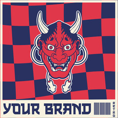 Japanese Demon Oni Mask Logo Design vector illustration	
