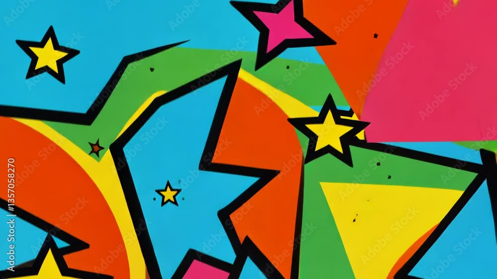 Poster Colorful background with many different colored shapes and stars. Some circles are blue, some are yellow and some are red.