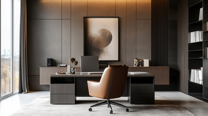 Modern minimalist home office interior with sleek furniture and a clutter-free design.