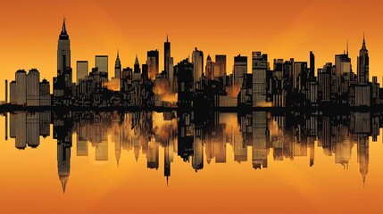 Obraz premium A cityscape reflected at sunset with an urban orange background is a key element of the artwork and design