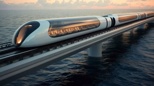 Futuristic high speed train on a bridge over water at sunset. Sleek, white train design. Calm ocean scene. Dramatic sunset sky.