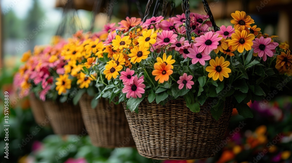 Poster vibrant blossoms in baskets: a close-up shot capturing the rich colors and textures of various flowe