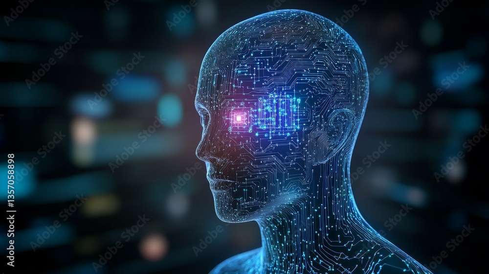 Poster thoughts visualized through glowing neural implants in a futuristic healthcare setting