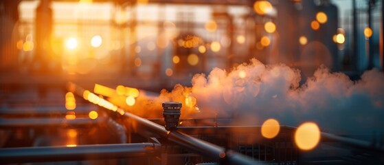 Fototapeta premium A vibrant scene featuring steam rising from pipes at sunset, with bokeh lights creating a warm, industrial atmosphere.