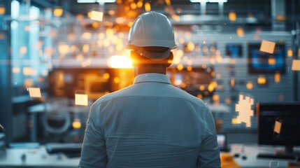 A worker in a hard hat observes a bright industrial setting, surrounded by sparks and digital elements, symbolizing innovation and technology in manufacturing.