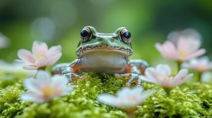 Obraz premium Frog's Garden Serenity: A close-up shot reveals a charming frog, its skin a mosaic of verdant hues, nestled amidst delicate blossoms and lush greenery. 