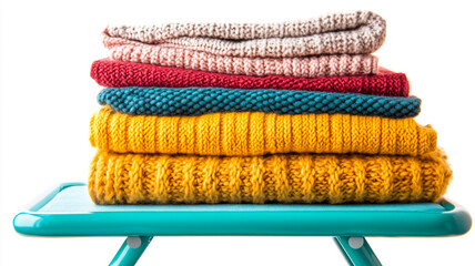 Neatly Stacked Modern Ironed Knitwear on a Teal Ironing Board, Perfect for Laundry Day Organization isolated on white background.