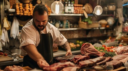Bearded butcher in a white coat and apron carefully selects a cut of meat from a large selection on display in his shop.