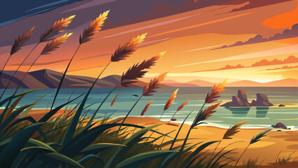 Wild grasses on the sea coast at sunset. Macro image, shallow depth of field. Beautiful autumn nature background © williamnoah