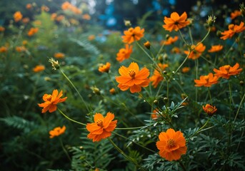 Fototapeta premium Vibrant orange wildflowers bask in soft sunlight a tranquil garden scene. AI Generated