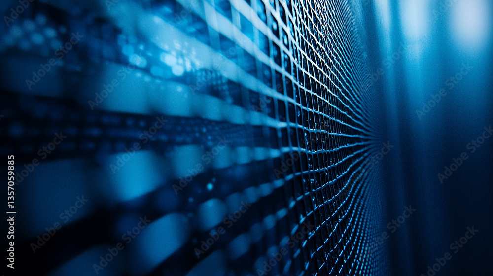 Poster a close up of a blue metal grid with light shining through creating an abstract pattern effect