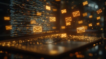 Dark laptop screen displaying glowing amber email icons and code, bokeh effect, digital communication concept.