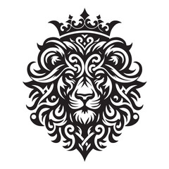 Majestic Lion with Crown: A regal lion's face, crowned with an ornate diadem, embodies strength, dignity, and authority, perfect for emblem and symbol design.
