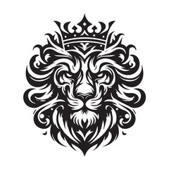 Majestic Lion's Regal Embrace: A stylized illustration of a lion's head, adorned with a crown, radiating strength, dignity, and authority. Symbolizing royalty and power.