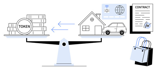 Tokens and assets balanced on a seesaw, including house, car, contract, and shopping bags. Ideal for finance, investment, real estate, digital currency e-commerce smart contracts economic balance