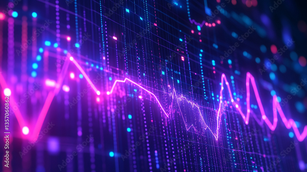 Poster a vibrant display of digital data with a prominent pink line graph and blue vertical lines