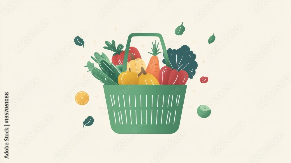 Poster green shopping basket filled with fresh vegetables and fruits on a soft pastel background in a minim