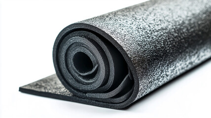 Rolled Black Rubber Mat for Flooring and Exercise Uses isolated on white background.