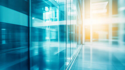 Blurred glass wall of modern business office building at the business center use for background in business concept. Blur corporate business office. Abstract windows with a blue tint