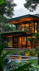 Obraz premium Nestled in a vibrant landscape, a stunning modern house showcases large glass panels reflecting warm interior lights against a dusky sky. Lush plants adorn the yard, enhancing tranquility.