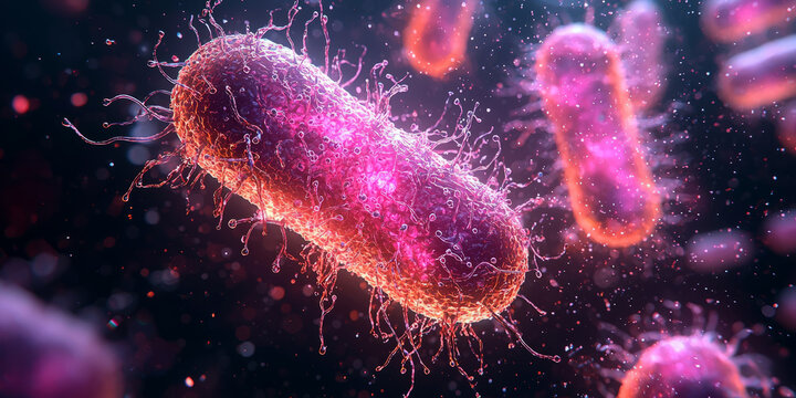 Microscopic view of bacteria and particles in a glowing liquid environment